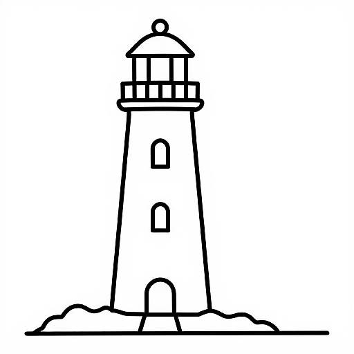Black and white line drawing of a tall lighthouse with a dome-shaped top, featuring multiple windows and a base surrounded by simple hills.