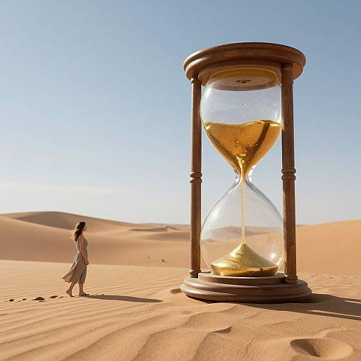 Photograph of a woman in a white dress walking past a large, gold-filled hourglass in a sunlit, sandy desert.