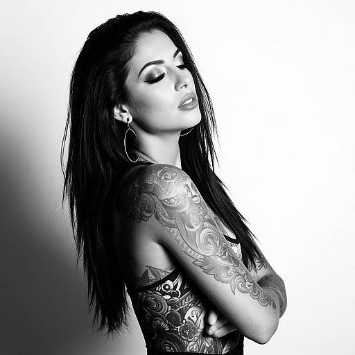 Black-and-white photograph of a tattooed woman with long dark hair, hoop earrings, and closed eyes, arms crossed, showcasing intricate arm tattoos against a