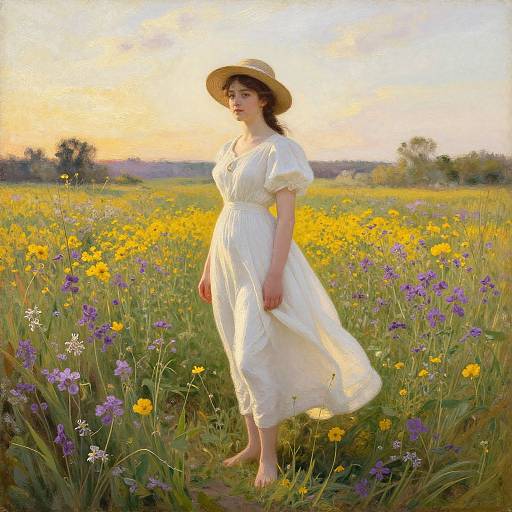 Photograph-style digital painting of a barefoot woman in a white dress and straw hat, standing in a sunlit field of yellow and purple wildflowers