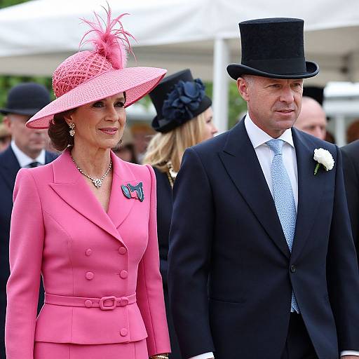 Photograph of a mature woman in a bright pink suit and hat with a feather, and a man in a black suit and top hat, standing outdoors