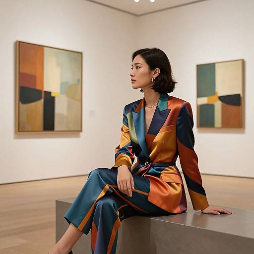Photograph of an Asian woman with short black hair, wearing a colorful satin suit, sitting in an art gallery, with abstract paintings on white walls in