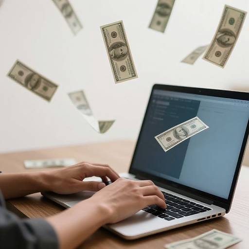 Photograph of hands typing on a laptop, with money bills floating in the air and on the screen, against a white background.