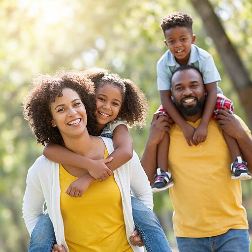 Photograph of a smiling Black family with curly-haired mother and daughter, bearded father carrying son on his shoulders, in a sunlit forest. Mother