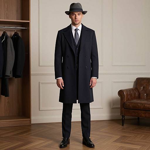 Photograph of a man in a black overcoat, black tie, white shirt, black hat, and black pants standing in a stylish room with wooden