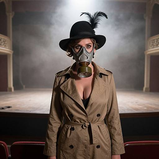 Photograph of a woman in a tan trench coat, black hat with feather, gas mask, standing on a dimly lit stage.