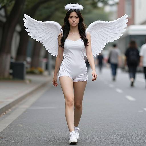 Photograph of an East Asian woman with long black hair, wearing a white angel costume, halo, and wings, walking down a city street. Bl