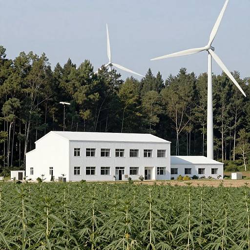 Photograph of a white, two-story building with multiple windows, surrounded by green fields, tall pine trees, and two large wind turbines under a clear