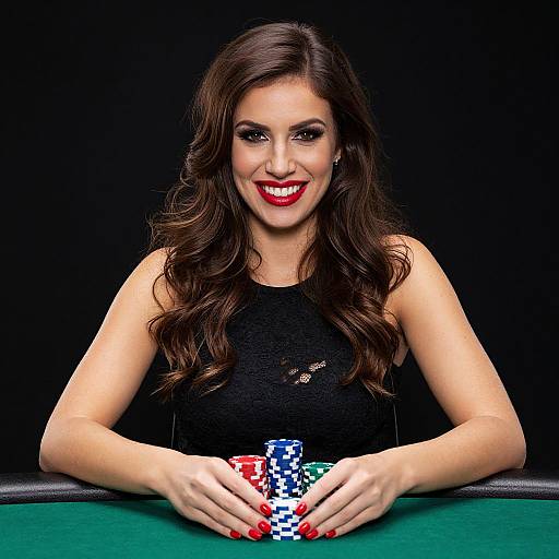 Photograph of a smiling brunette woman with long wavy hair, wearing a black sleeveless top, holding colorful poker chips on a green casino table against