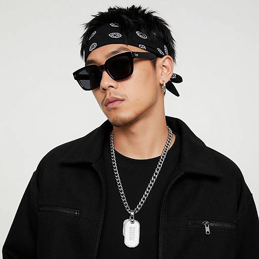 Photograph of a young Asian man with spiky black hair, black bandana, sunglasses, black jacket, and silver dog tag necklace, looking serious