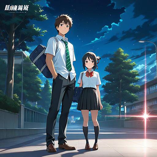 Anime-style digital drawing of tall, brown-haired boy in school uniform holding hands with shorter, black-haired girl in school uniform, standing on sunlit,