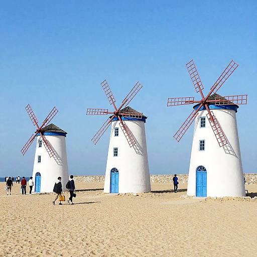 Bright Sunny Beach Scene with Windmills