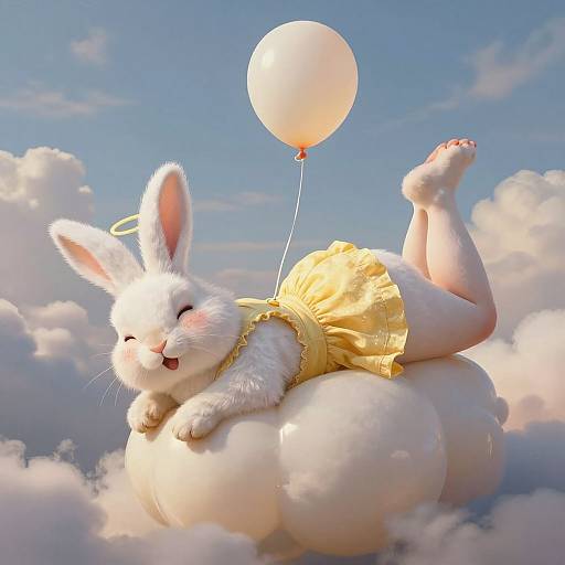Digital art: Adorable white bunny with a halo, wearing a yellow dress, lounging on fluffy clouds, holding a white balloon. Blue sky background