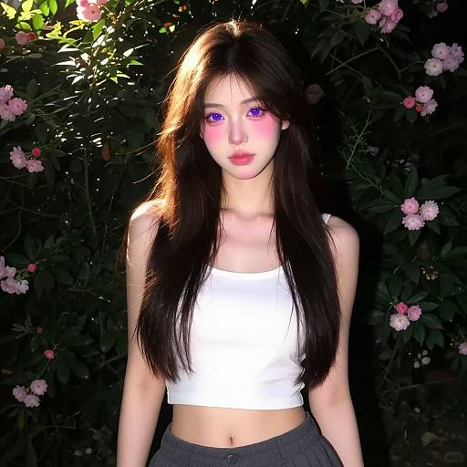 Digital artwork of a young Asian woman with long black hair, glowing purple eyes, wearing a white crop top and gray skirt, standing against a dark,