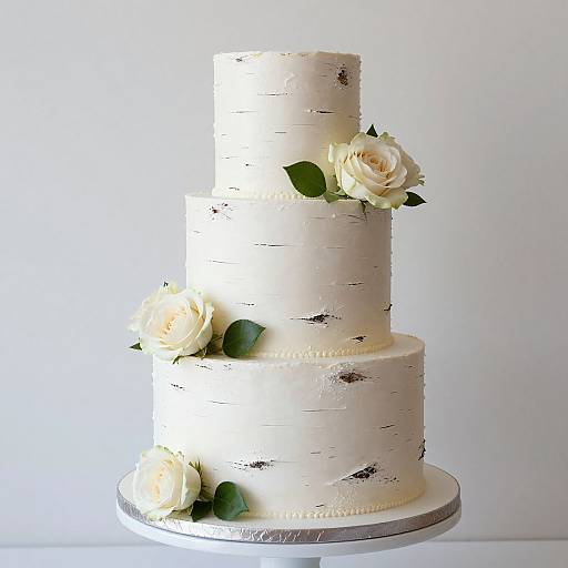 Photograph of a three-tiered white birch-patterned cake adorned with cream roses and green leaves, standing on a silver platter.