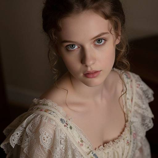Photograph of a young woman with fair skin, blue eyes, and wavy brown hair, wearing a delicate, lace off-shoulder floral dress