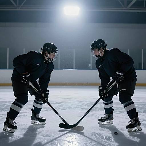 Two Male Ice Hockey Players Facing Off on Ice Rink