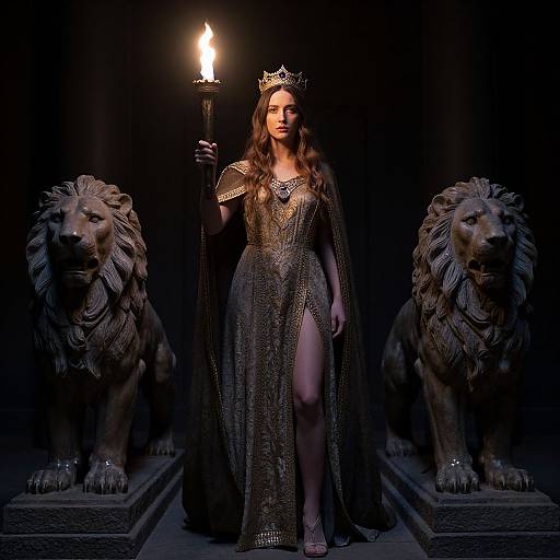 Photograph of a regal woman in a shimmering, dark gown with a high slit, holding a torch, flanked by stone lions, wearing