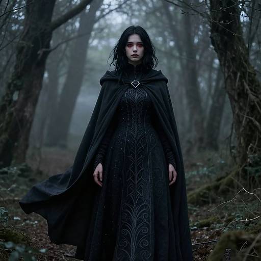 Mysterious woman with pale skin and dark, wet hair stands in a foggy forest, wearing a black, ornate, medieval-style dress and cloak
