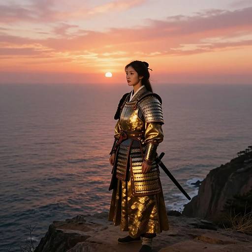 Photograph of a female samurai in golden armor standing on a cliff at sunset, ocean in background, holding a sword, serene expression.