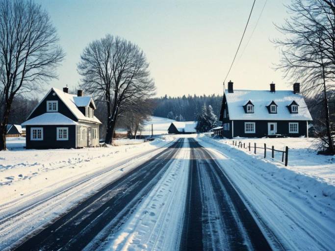 Snowy Country Road with Houses