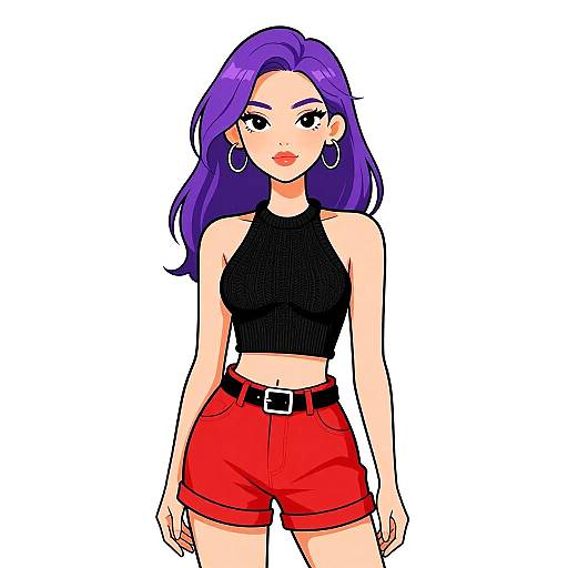 Digital anime-style drawing of a purple-haired woman with hoop earrings, wearing a black crop top and red high-waisted shorts.