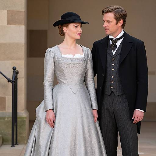 Photograph of a fair-skinned woman in a silver, long-sleeved gown and black hat, standing beside a light-haired man in a black