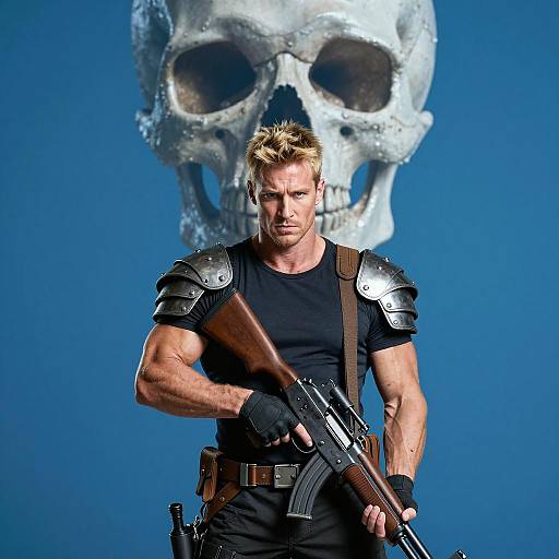 Muscular Warrior with Skull Backdrop