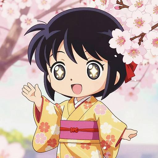 Chibi-style anime girl with black hair, large sparkling eyes, yellow floral kimono, pink obi, waving, surrounded by cherry blossoms.