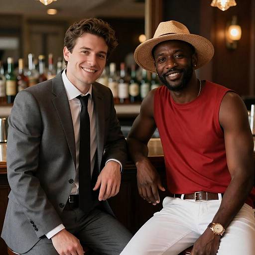Two Men Smiling at Bar Counter