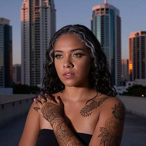 Photograph of a young woman with wavy black hair, dark tattoos on her arm and shoulder, wearing a black strapless top, standing against a