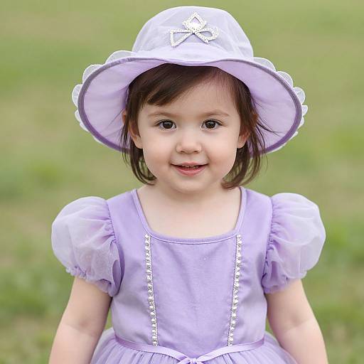Photograph of a smiling young girl with fair skin, wearing a lilac dress and matching wide-brimmed hat, sitting on green grass.