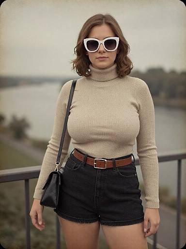 Photograph of a curvy woman with fair skin, brown hair, white oversized sunglasses, beige turtleneck sweater, black high-waisted shorts