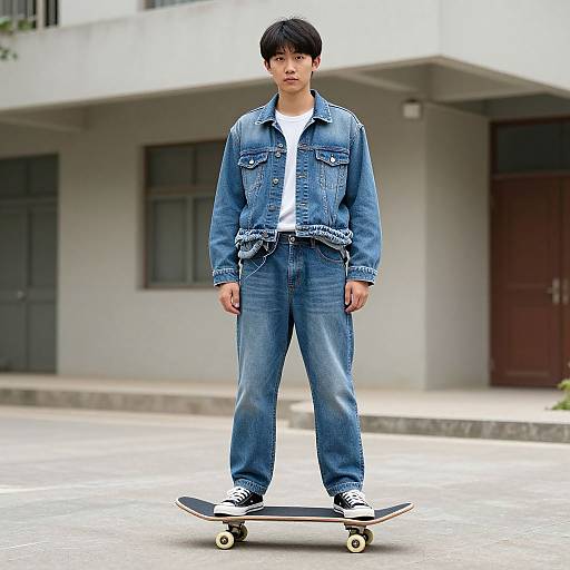 Photograph of an Asian teenage boy with short black hair, wearing a blue denim jacket and pants, white tee, and black sneakers, standing on a