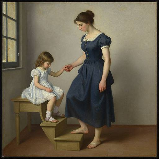 Photorealistic painting of a woman in a navy dress holding hands with a young girl in a white dress, standing by wooden steps in a simple room