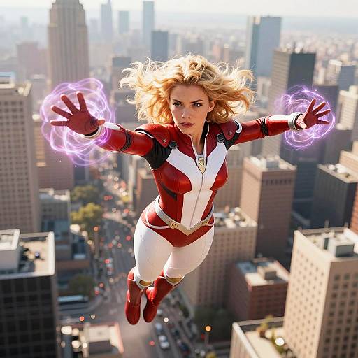 CGI image of a blonde woman in a red and white superhero suit, floating above a cityscape, with purple energy bolts in her outstretched