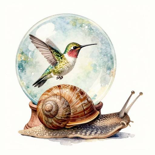 Digital illustration of a vibrant hummingbird with iridescent feathers hovering above a detailed, brown snail with a textured shell, against a translucent glass snow