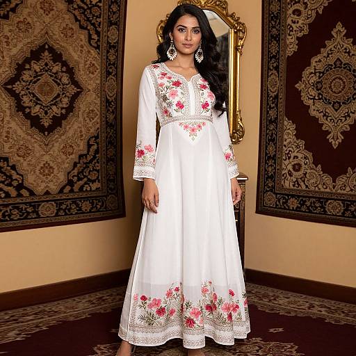 Photograph of a South Asian woman with long black hair, wearing a white traditional embroidered dress with pink floral patterns, standing in an ornately decorated room