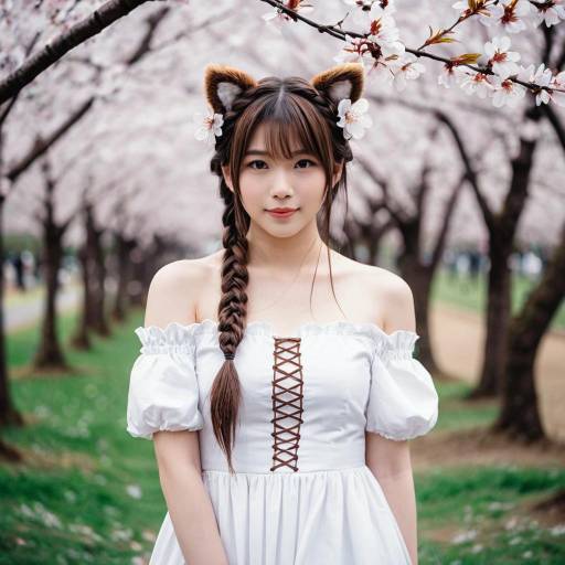Cosplay Girl with Animal Ears in Cherry Blossom Park