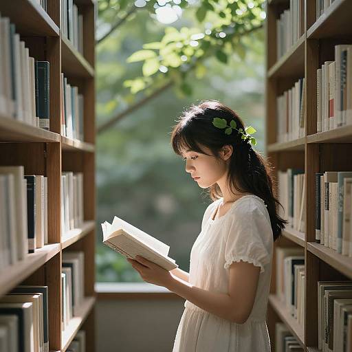 Photograph of a young Asian woman with long black hair and a green leaf crown, wearing a white dress, reading a book in a sunlit library