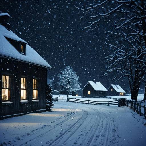 Snowy Rural Night with Lit Windows