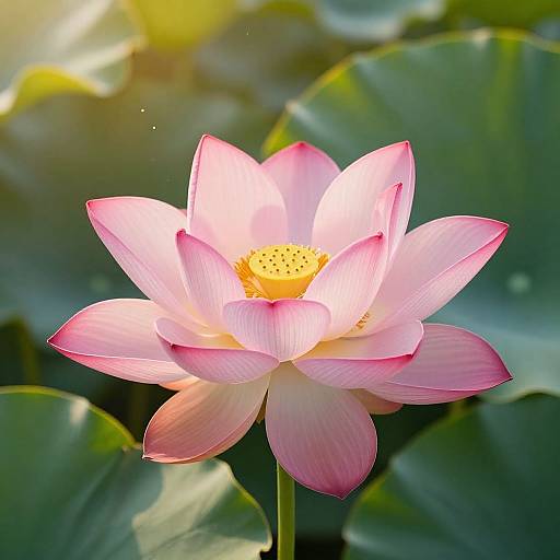 Photograph of a pink and white lotus flower with yellow center, surrounded by green leaves, bathed in sunlight.