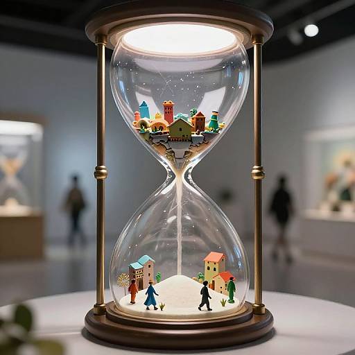 Photograph of a glass hourglass with miniature colorful buildings and figures inside, lit from above, displayed on a white table in a blurred gallery setting.