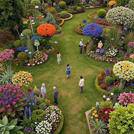 Overhead photo of a vibrant garden with colorful flowers, six people walking on a grassy path, surrounded by diverse blooming plants.