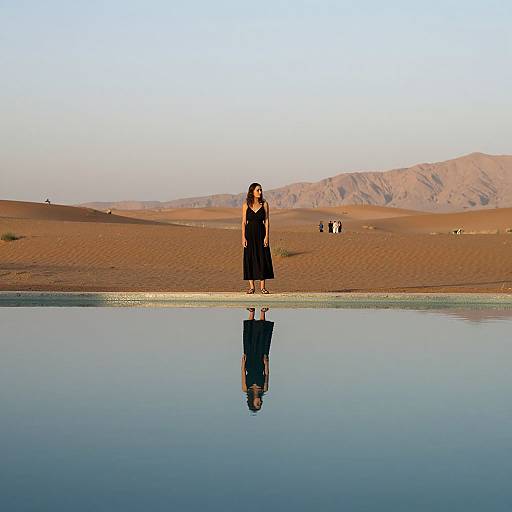 Photograph: Woman in black dress stands by reflective desert oasis, mirroring her image. Brown sand dunes and distant hills under clear sky. Two
