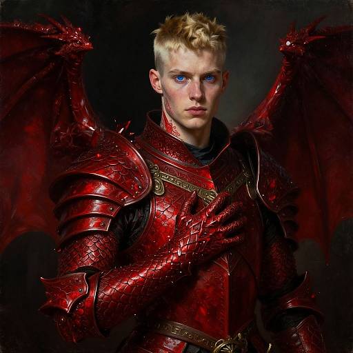 Photograph of a blond, blue-eyed young man with red dragon-scale armor, large wings, and intense expression against a dark background.