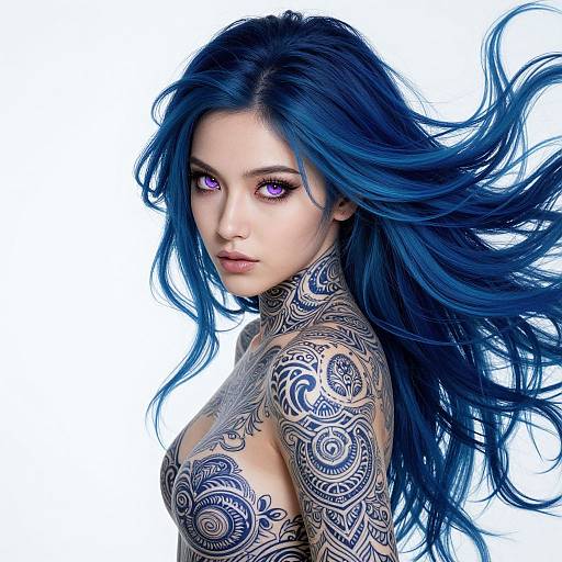 Digital art of a tattooed, blue-haired woman with purple eyes, looking over her shoulder. Detailed black ink mandala tattoos cover her chest and shoulder