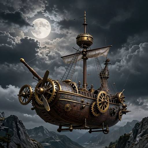 Steampunk-style airship with brass gears and dark wooden hull, floating under a full moon in a cloudy, mountainous night sky. Digital art