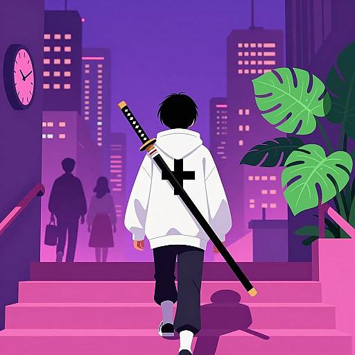 Person with Katana Walking Down Neon Pink Stairs