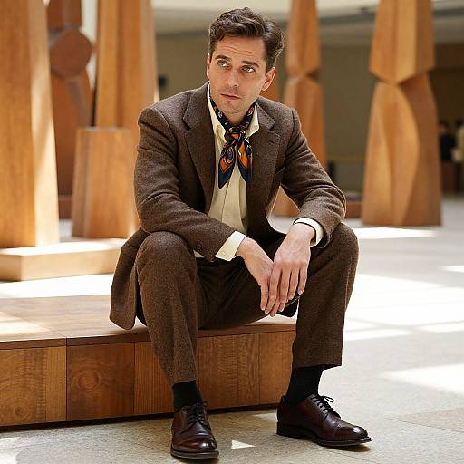 Man in Brown Suit in Sunlit Atrium